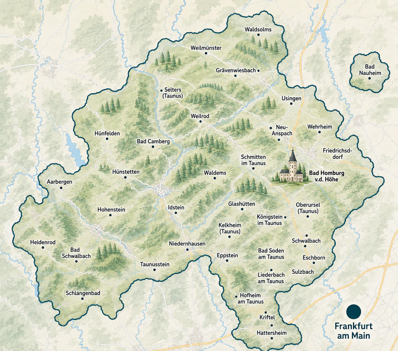 Karte der Taunus-Region mit Bad Homburg und Frankfurt am Main